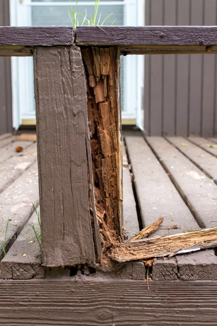 A damaged wooden deck post showing significant rot.